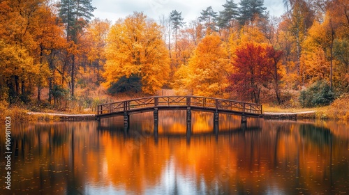 Serene Autumn Landscape with Wooden Bridge Reflecting on Tranquil Lake Surrounded by Vibrant Fall Foliage