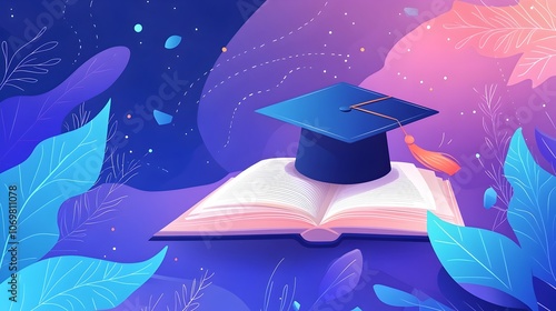 Graduation cap delicately placed on an open book against a soft pastel colored background creating a calm and inviting atmosphere to celebrate academic success and educational milestones photo