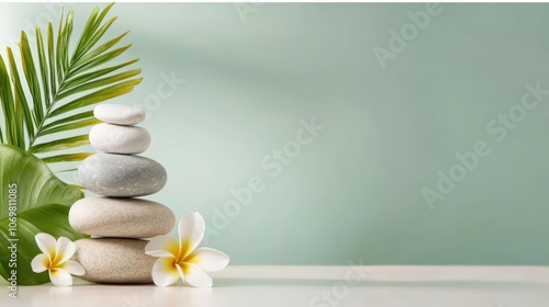 Tranquil oasis, palm leaf on stacked stones serene composition of natural harmony photo