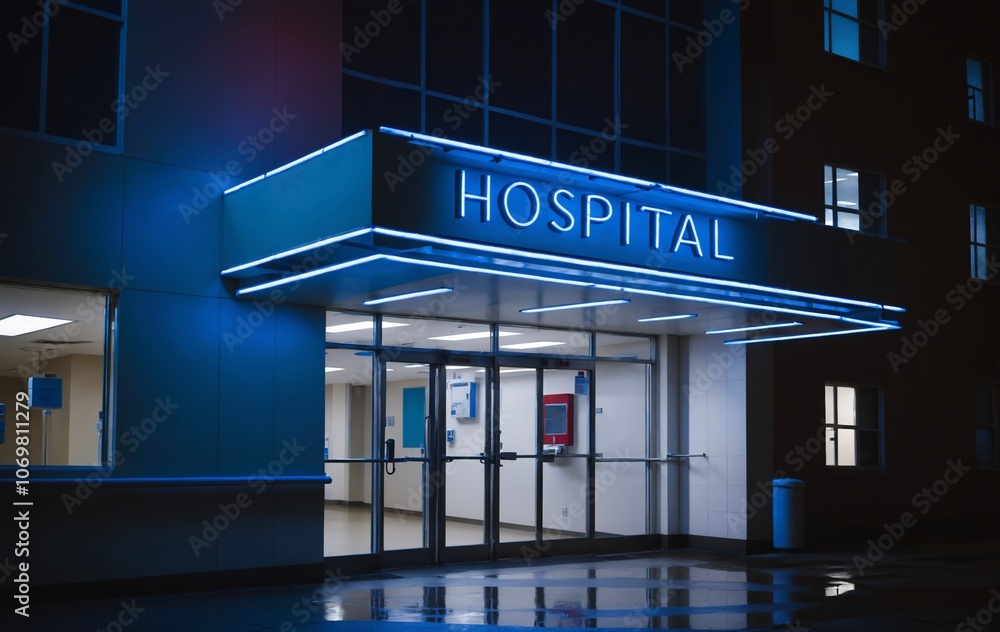 Fototapeta premium hospital entrance at night with neon lights