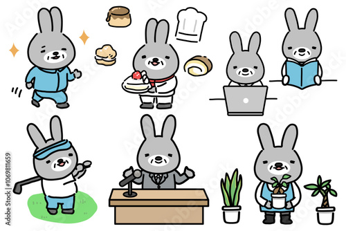 様々な職業で働くうさぎの可愛いイラストセット