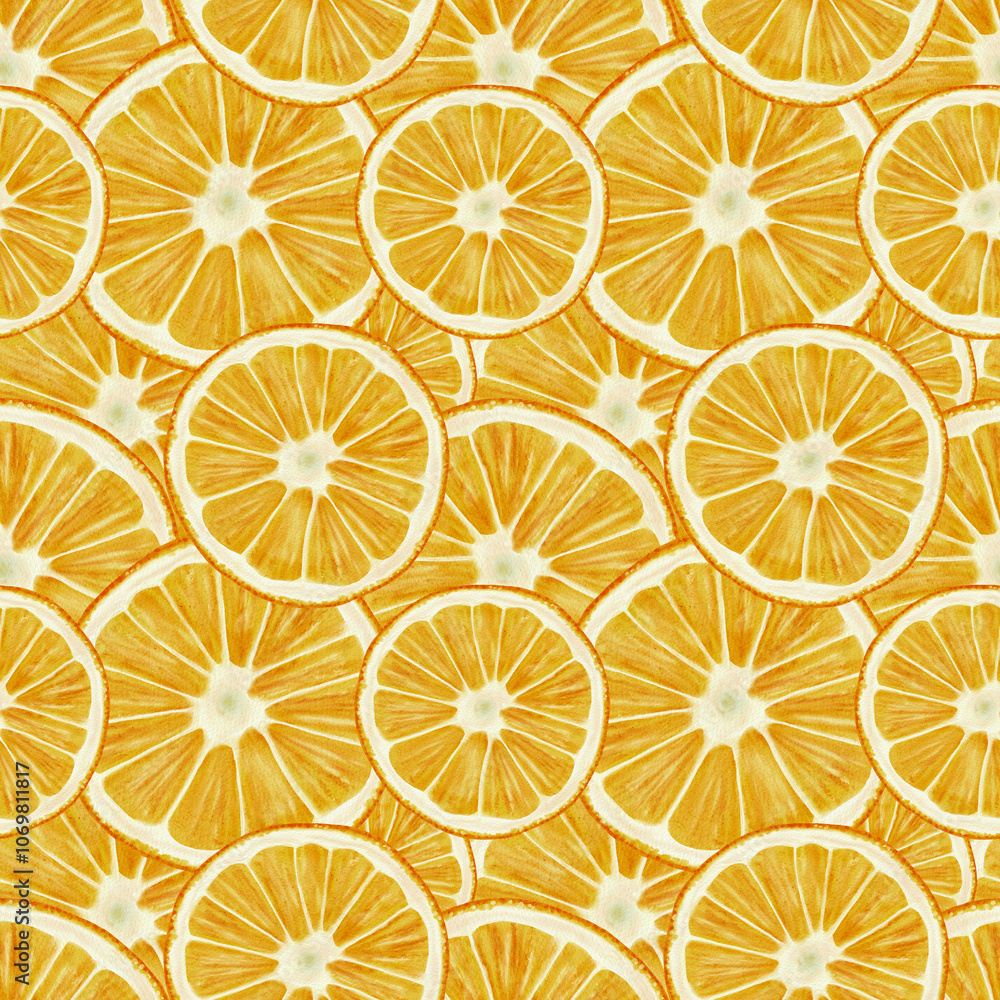 Seamless pattern with oranges. Round fruits and halves of oranges. Orange juicy color. Watercolor illustration. No background Seamless pattern with oranges. Round fruits and halves of oranges. Orange juicy color. Watercolor illustration. No background