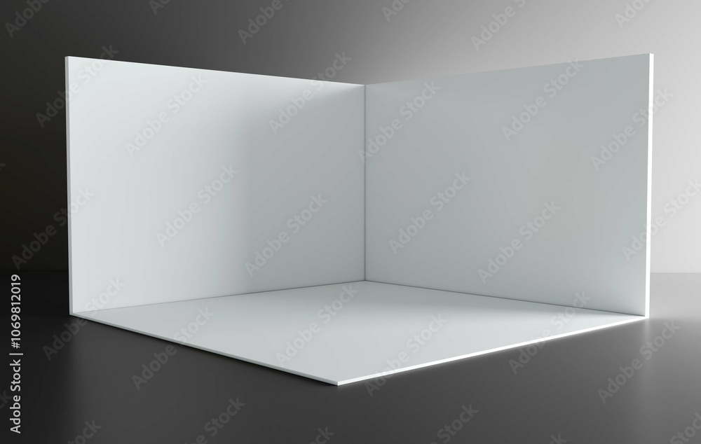 Fototapeta premium 3D exhibition booth. Showroom. Square corner. Empty geometric square. Blank box template. White blank exhibition stand. Presentation event room. 