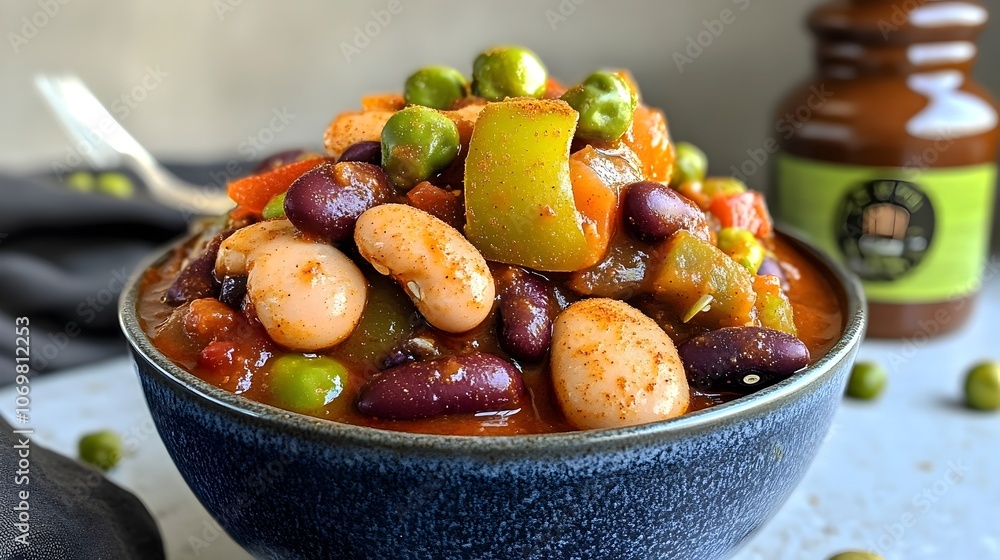 Vibrant Vegetarian Chili with Assorted Beans Bell Peppers and Fragrant Spices Large bowl of chili with chunky tender vegetables in a deep red tomato based broth with a blend of warm spices Vibrant Vegetarian Chili with Assorted Beans Bell Peppers and Fragrant Spices Large bowl of chili with chunky tender vegetables in a deep red tomato based broth with a blend of warm spices