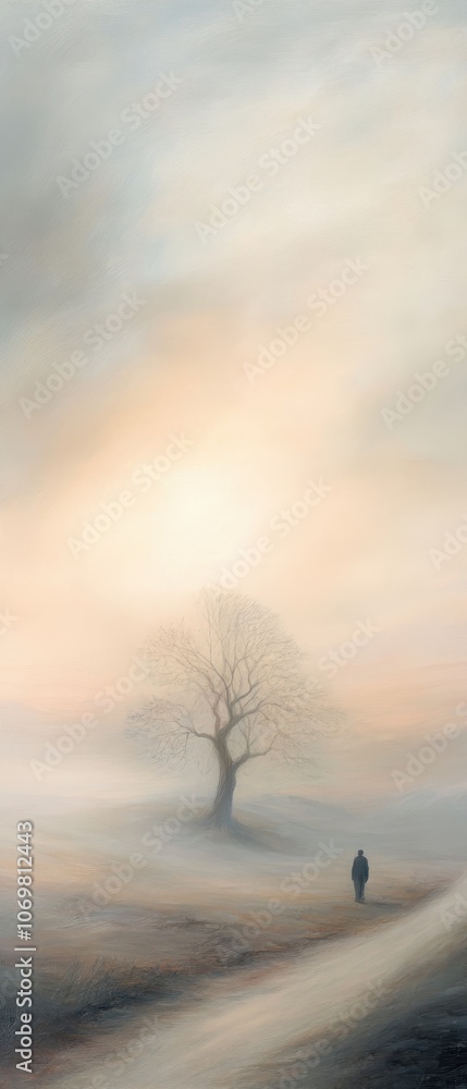 Solitude in the Mist: A solitary figure walks into the distance on a misty morning, a lone tree standing as a silent sentinel in this ethereal landscape. Solitude in the Mist: A solitary figure walks into the distance on a misty morning, a lone tree standing as a silent sentinel in this ethereal landscape.