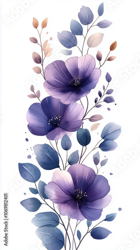 Wallpaper Mural Loose watercolor floral border frame, organic arrangement of purple and lilac flowers, eucalyptus leaves, light and airy, soft transparent background Torontodigital.ca