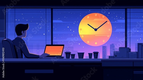Office worker gazing at night sky and large clock through window