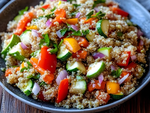 Vibrant and nourishing grain salad made with quinoa roasted bell peppers zucchini and red onion dressed in a light lemon herb vinaigrette presented on a minimalist wooden table