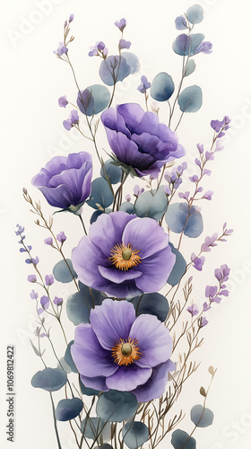 Wallpaper Mural Loose watercolor floral border frame, organic arrangement of purple and lilac flowers, eucalyptus leaves, light and airy, soft transparent background Torontodigital.ca