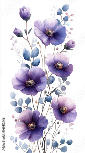 Wallpaper Mural Loose watercolor floral border frame, organic arrangement of purple and lilac flowers, eucalyptus leaves, light and airy, soft transparent background Torontodigital.ca