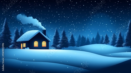 Cozy wooden cabin in snowy mountain landscape at dusk