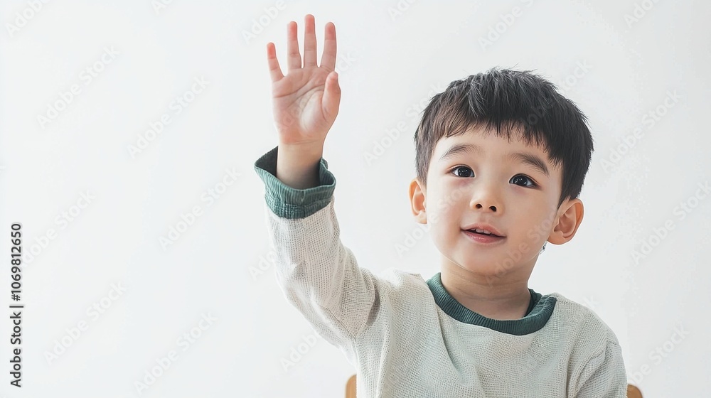 Eager Young Boy Raising Hand in Classroom Setting Eager Young Boy Raising Hand in Classroom Setting