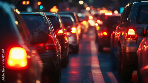 밤에 도심 도로에서 차량의 후미등이 밝게 빛나는 교통 체증 장면, 도시적이고 생동감 있는 분위기, AI 생성
