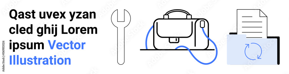 Wrench, briefcase with cable, document with sync icon. Ideal for business tools, work organization, workflow management, service maintenance, office equipment, document synchronization, tech support Wrench, briefcase with cable, document with sync icon. Ideal for business tools, work organization, workflow management, service maintenance, office equipment, document synchronization, tech support