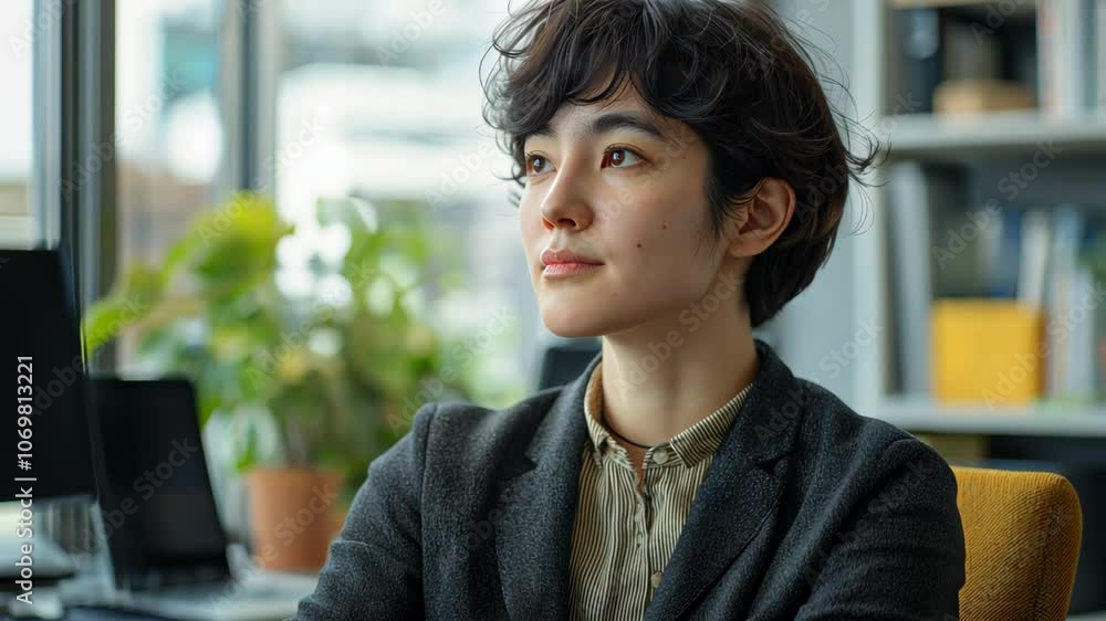 Japanese woman smiling sitting at modern minimal style office room with relax atmosphere Japanese woman smiling sitting at modern minimal style office room with relax atmosphere