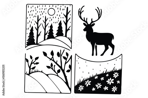 flat illustration of black and white forest landscape with deer