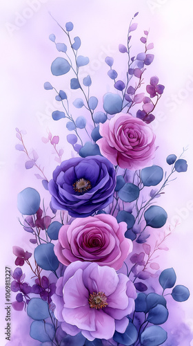 Wallpaper Mural Symmetrical watercolor floral border frame, centered arrangement of violet roses and lilac peonies, eucalyptus foliage accents, transparent background, refined and balanced Torontodigital.ca