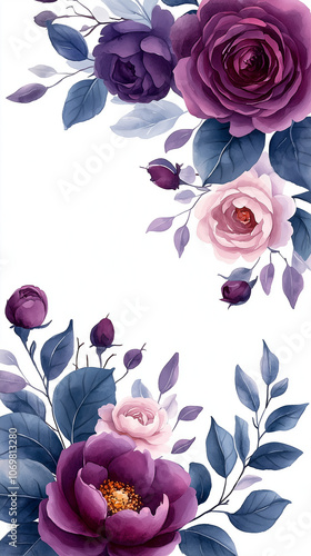 Wallpaper Mural Symmetrical watercolor floral border frame, centered arrangement of violet roses and lilac peonies, eucalyptus foliage accents, transparent background, refined and balanced Torontodigital.ca