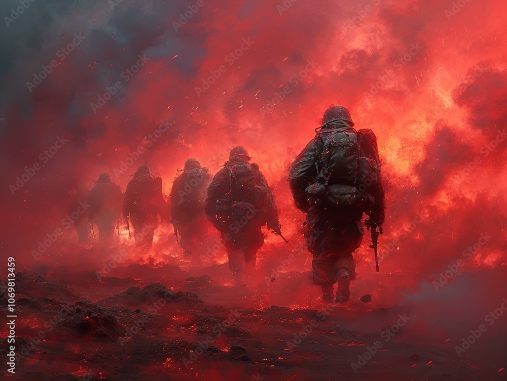 Fototapeta premium Soldiers in a Fiery Battlefield: A Powerful Depiction of War's Devastation