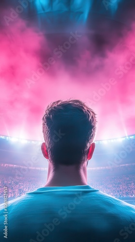 Champion's Perspective: A lone figure, back to camera, gazes out at a vibrant stadium bathed in pink and blue light, symbolizing the anticipation and thrill of a major sporting event or concert. photo