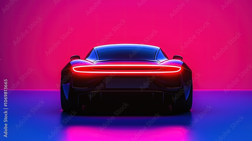 Sleek Modern Sports Car with Neon Lighting Against Vibrant Background Sleek Modern Sports Car with Neon Lighting Against Vibrant Background