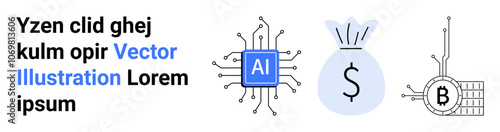 Microchip with AI symbol, money bag with dollar sign, Bitcoin symbol with circuit. Ideal for fintech, AI applications, cryptocurrency trading, digital finance, investment platforms, tech startups