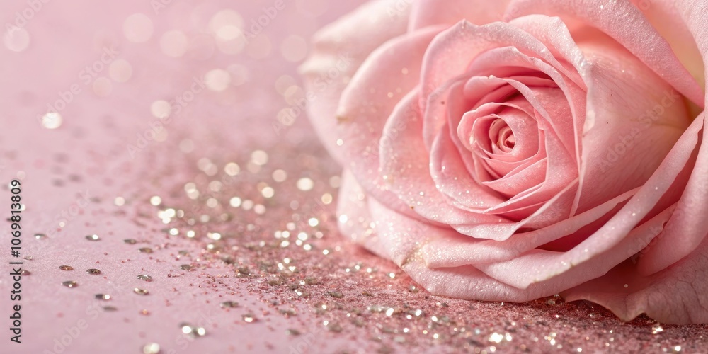 A delicate pink rose with delicate petals and a soft, romantic glow, resting on a bed of sparkling glitter. A delicate pink rose with delicate petals and a soft, romantic glow, resting on a bed of sparkling glitter.