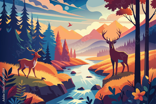 flat illustration collage of forest landscape with deer