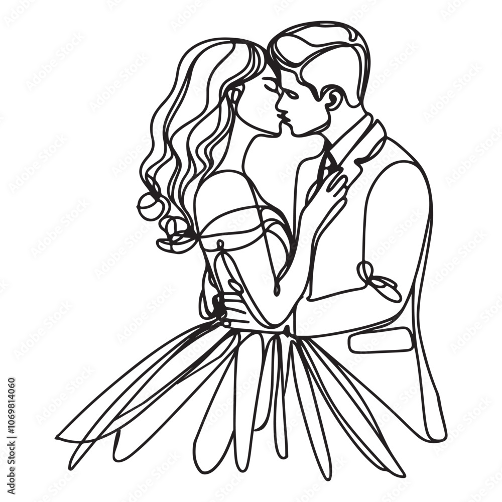 One continuous single drawing black line art doodle wedding couple bride and groom outlne vector illustration on white background One continuous single drawing black line art doodle wedding couple bride and groom outlne vector illustration on white background