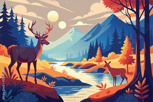 flat illustration collage of forest landscape with deer
