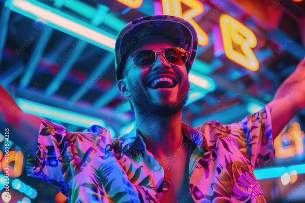 Vibrant festival atmosphere with young DJ celebrating summer nightlife. Vibrant festival atmosphere with young DJ celebrating summer nightlife.