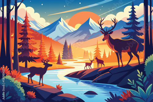 flat illustration collage of forest landscape with deer