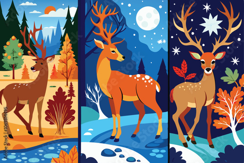 flat illustration collage of forest landscape with deer
