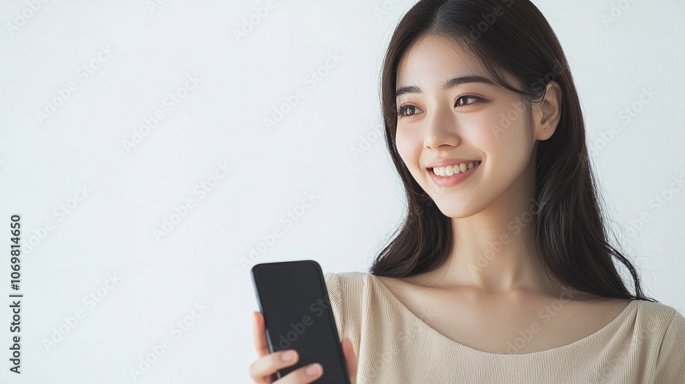 Smiling Woman Holding Smartphone in Casual Setting Smiling Woman Holding Smartphone in Casual Setting