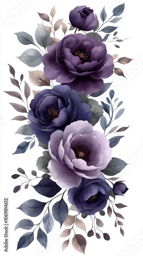Wallpaper Mural Partial watercolor floral border frame with violet roses, lilac peonies, eucalyptus greenery, semi-circular arch along top and bottom, transparent background, romantic and elegant Torontodigital.ca