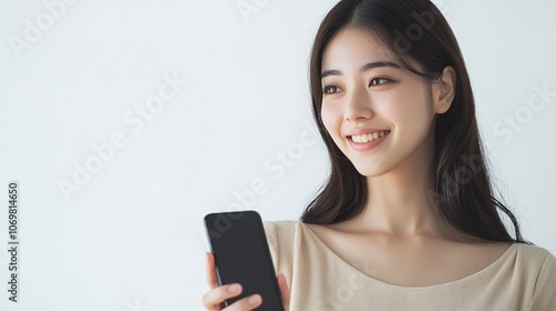 Smiling Woman Holding Smartphone in Casual Setting