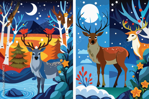 flat illustration collage of forest landscape with deer