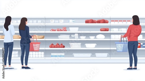 Women shopping in a nearly empty grocery store illustration