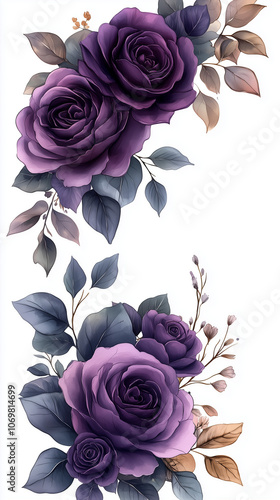 Wallpaper Mural Partial watercolor floral border frame with violet roses, lilac peonies, eucalyptus greenery, semi-circular arch along top and bottom, transparent background, romantic and elegant Torontodigital.ca