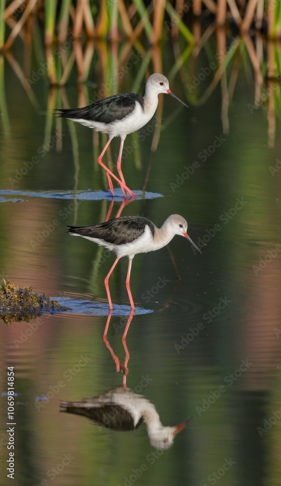 Nice reflection of Black winged Stilt in a beautiful seasonal lake! Nice reflection of Black winged Stilt in a beautiful seasonal lake!