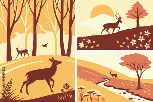 flat illustration collage of forest landscape with deer