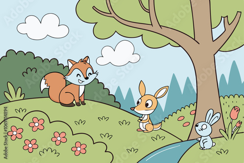 adorable playful forest animals in a vibrant forest setting