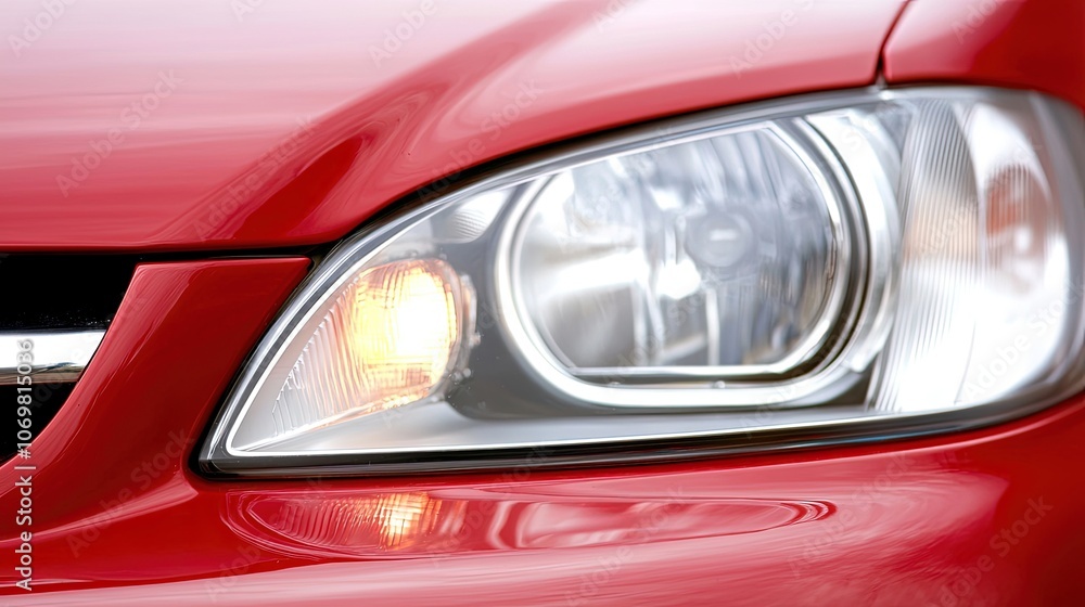 Close-Up of a Glossy Red Car Headlight and Grill Close-Up of a Glossy Red Car Headlight and Grill