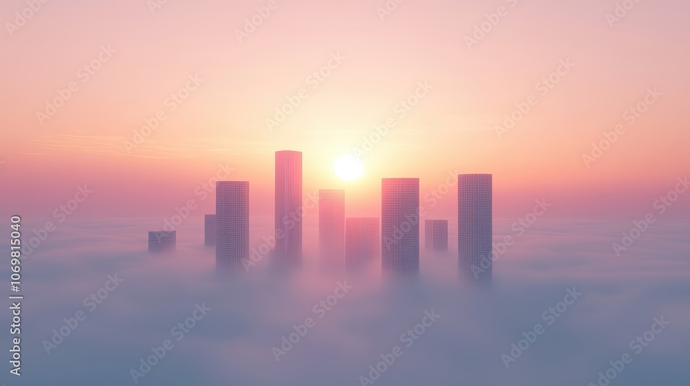 Fototapeta premium City in the Clouds: Sunrise over a misty cityscape, skyscrapers emerge from the fog, bathed in the warm glow of the rising sun. A serene and majestic scene, perfect for evoking feelings of peace.
