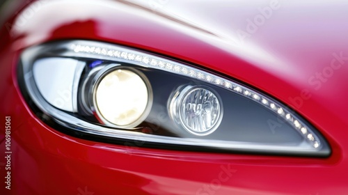 Close-Up of a Sleek Red Car Headlight with Modern Design