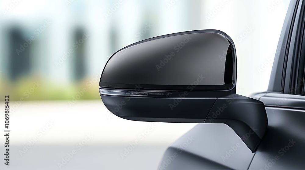 Sleek Modern Car Side Mirror Reflecting Urban Environment Sleek Modern Car Side Mirror Reflecting Urban Environment