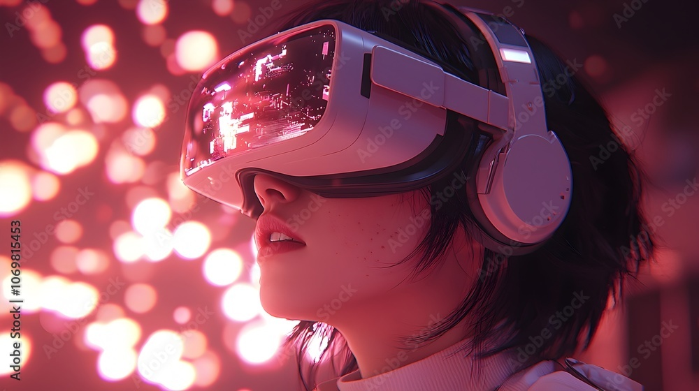 Immersive close up view of a virtual reality setup with an individual fully engaged in a digital world Immersive close up view of a virtual reality setup with an individual fully engaged in a digital world
