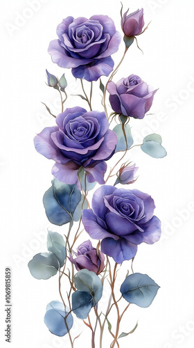 Wallpaper Mural Watercolor floral border frame with gradient of purple roses and lilac flowers, delicate eucalyptus foliage, soft transparent background, vertical frame layout, gentle and refined Torontodigital.ca