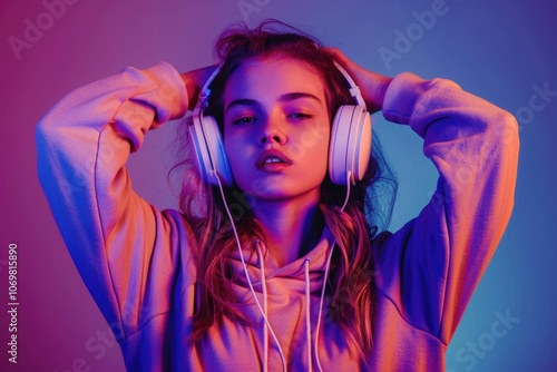 Teen model in hoodie dances to 90s music in neon lit studio.