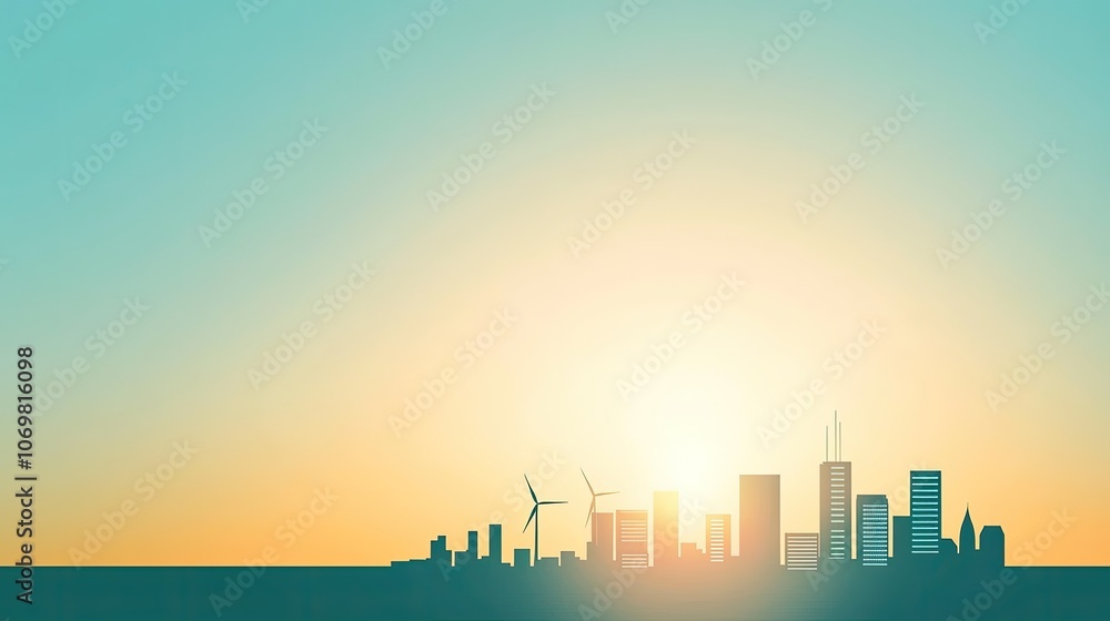 Obraz premium Urban Skyline at Sunrise with Wind Turbines and Modern Architecture